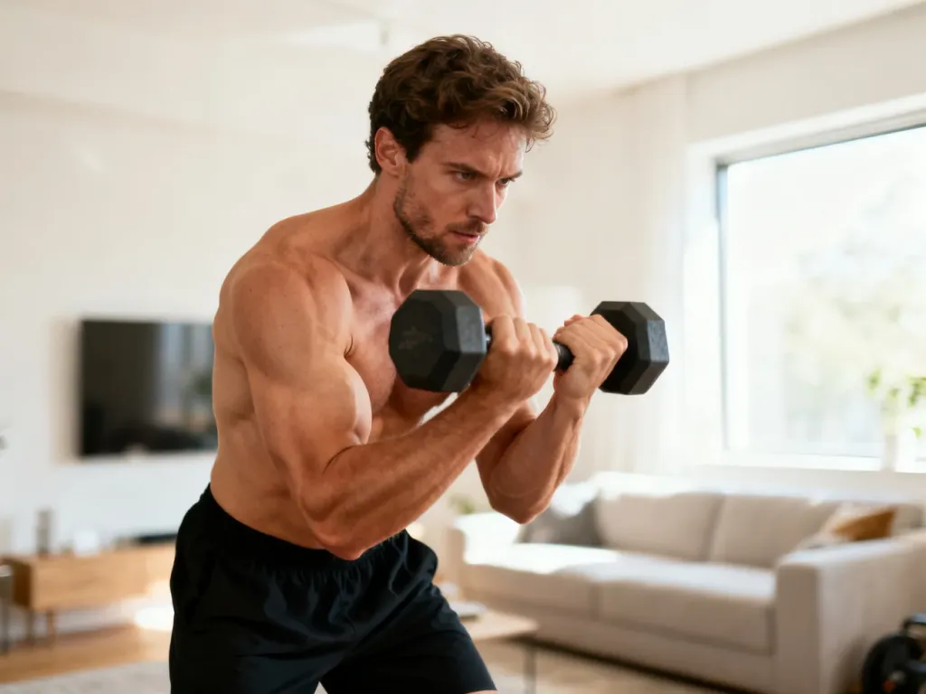 Mężczyzna wykonuje ćwiczenie na biceps z masą własnego ciała w nowoczesnym salonie.